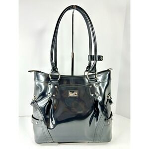 Beijo Classic Handbag Charcoal Patent Faux Leather Satchel‎ Top Handle Purse EUC